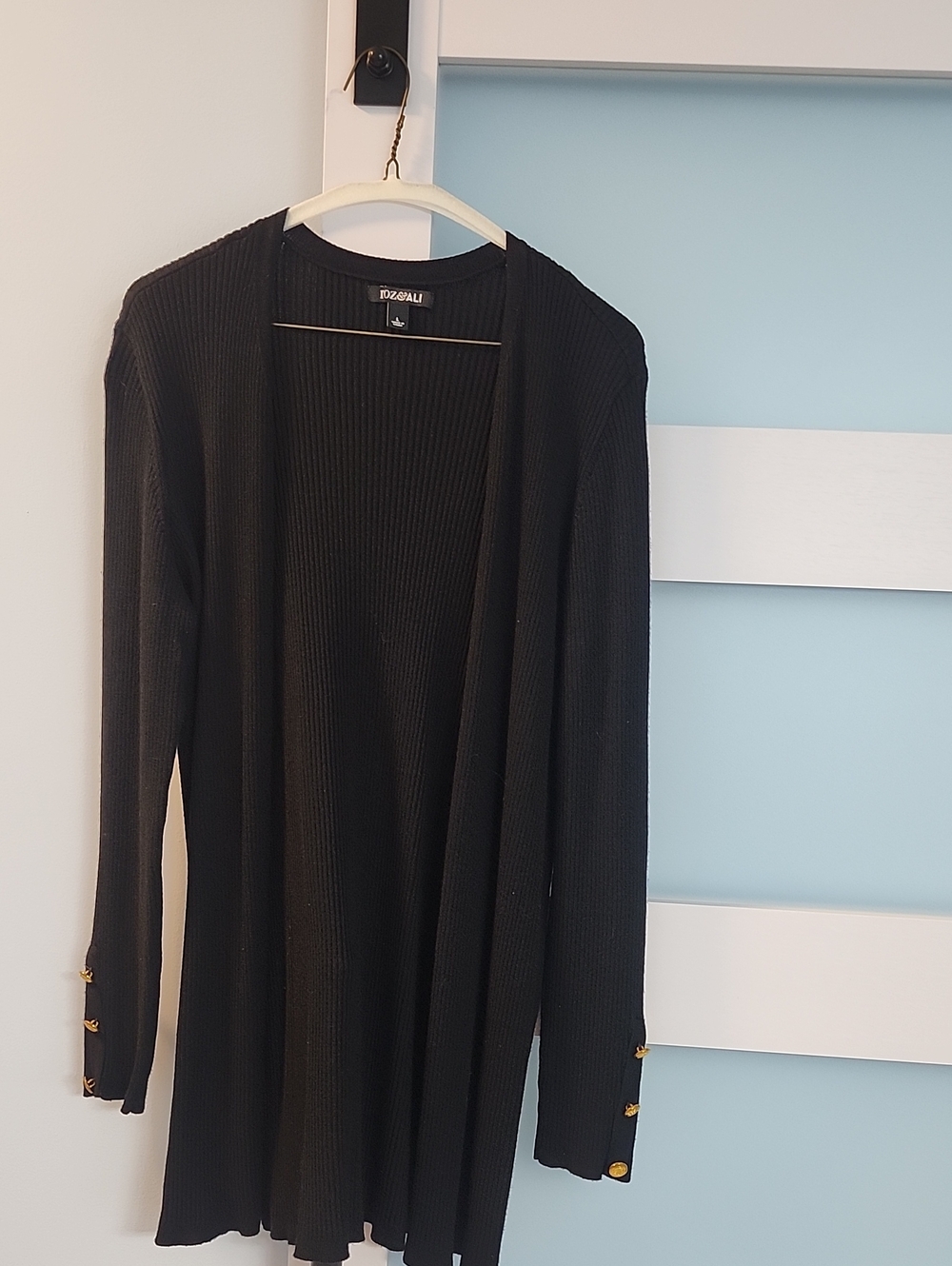 Roz & Ali Navy Ribbed Open-Front Cardigan with Button Cuffs